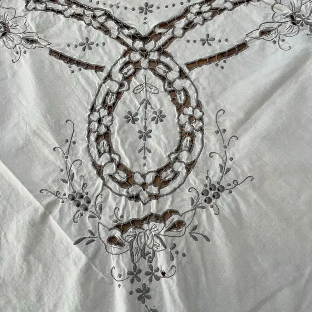 Vintage Ivory Linen Tablecloth 78” X 61” Floral Cutwork Madeira Embroidery